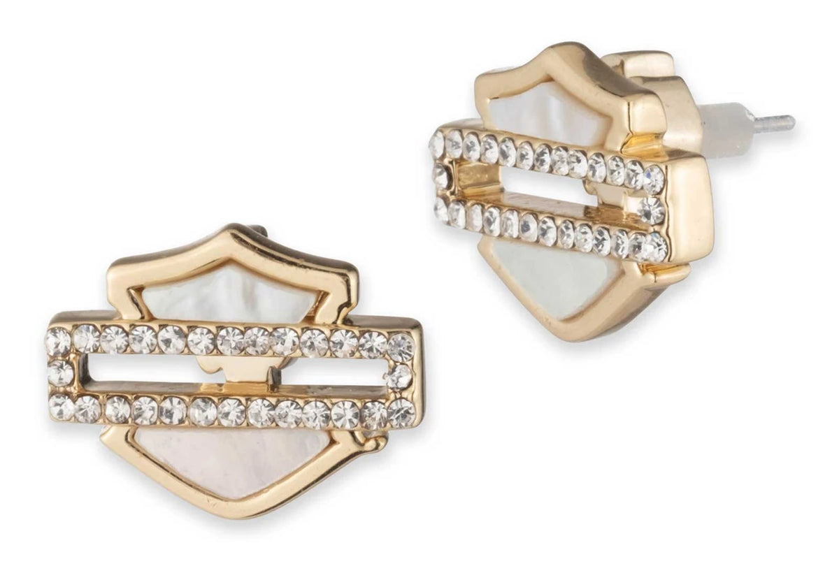 Harley-Davidson Women's Mother of Pearl Bar & Shield Stud Earrings, Gold Plated