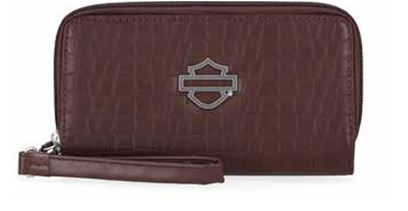 Harley-Davidson® Women's Metal Bar & Shield Croco Zip Around w/ Wristlet - Brown