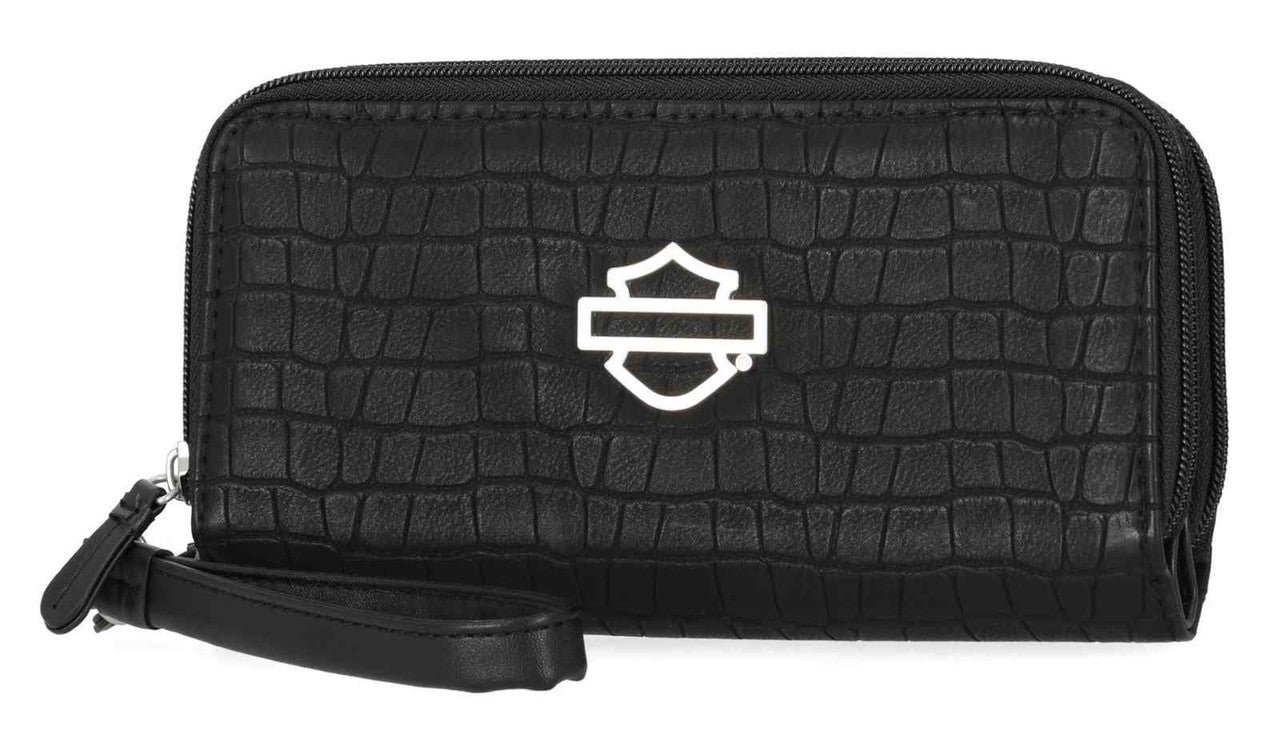 Harley-Davidson® Women's Metal Bar & Shield Croco Zip Around w/ Wristlet - Black