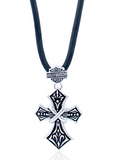 Harley-Davidson® Mens .925 Silver Tribal Cross With B&S Rubber Cord Necklace Hdn0346
