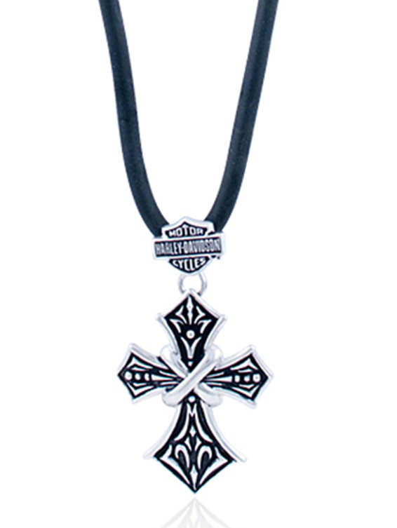 Harley-Davidson® Mens .925 Silver Tribal Cross With B&S Rubber Cord Necklace Hdn0346